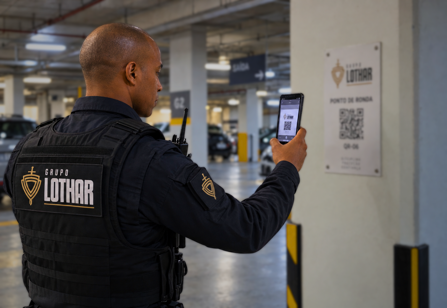 Profissional do Grupo Lothar registrando uma ronda em ponto de QR Code